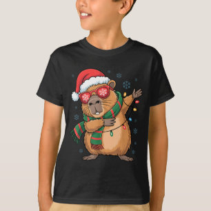 Dabbing Capybara Christmas Santa Hat Funny Holiday T-Shirt
