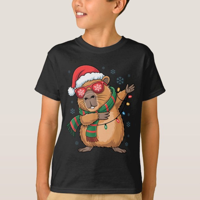 Dabbing Capybara Christmas Santa Hat Funny Holiday T-Shirt (Front)