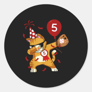 Dabbing Cool Cat Baseball 5th Birthday Classic Round Sticker