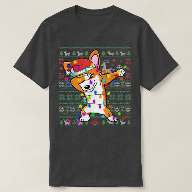 Dabbing Corgi Fairy Lights Ugly Christmas Sweater  (Design Front)