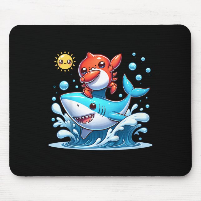 Dabbing Crab Surfing Shark Riding Ocean Wave Sun C Mouse Pad (Front)