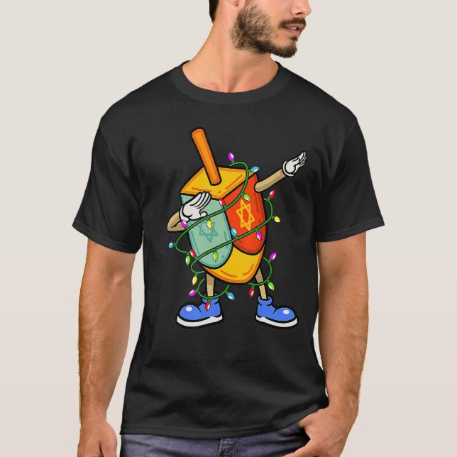 Dabbing Dreidel Hanukkah Christmas Lights Menorah  T-Shirt (Front)
