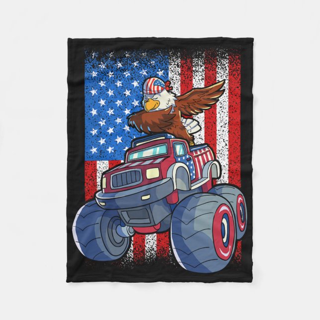 Dabbing Eagle Monster Truck 4th Of July Boys Ameri Fleece Blanket (Front)