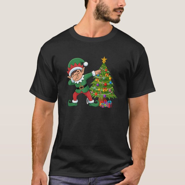 Dabbing Elf Christmas Tree Lights Funny Girls Boys T-Shirt (Front)