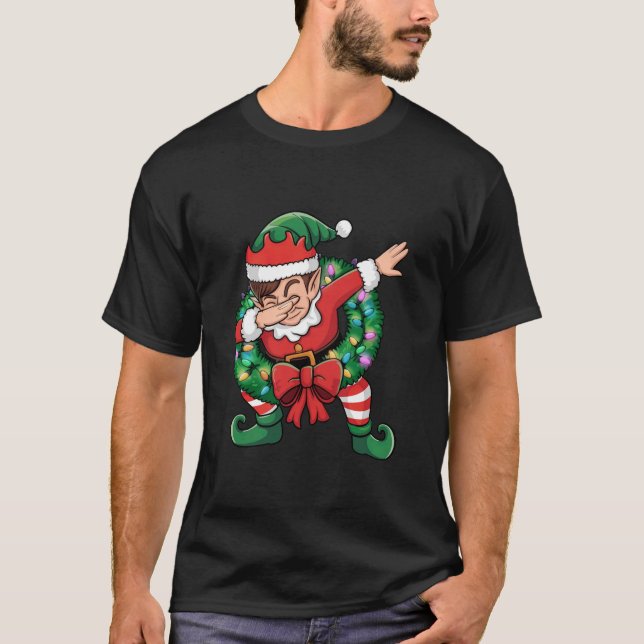 Dabbing Elf Kids Family Christmas Lights Funny Elf T-Shirt (Front)