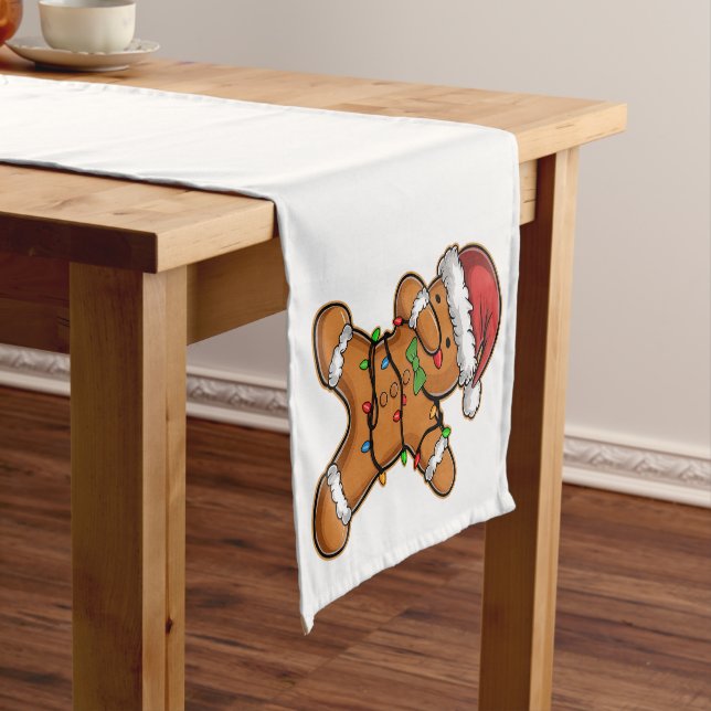 Dabbing Gingerbread Tree Light Christmas Short Table Runner (In Situ)