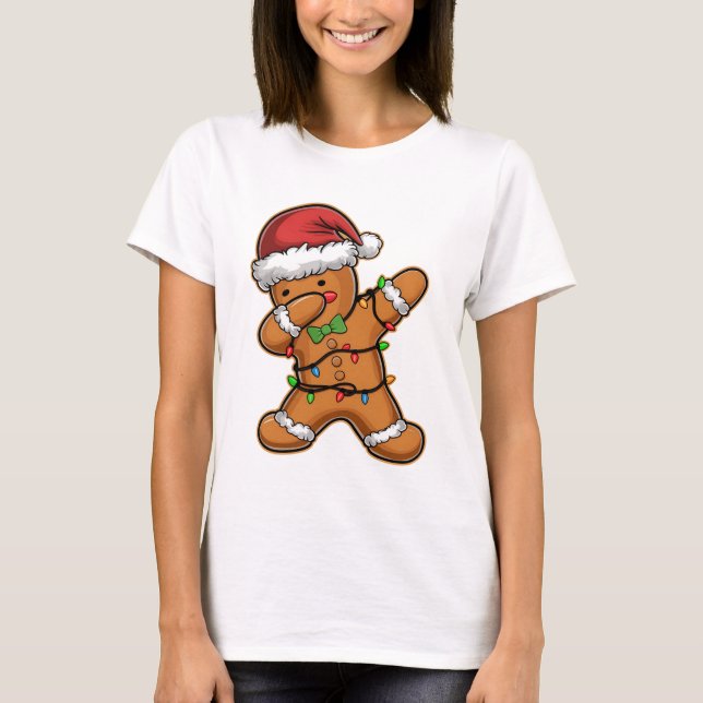 Dabbing Gingerbread Tree Light Christmas T-Shirt (Front)