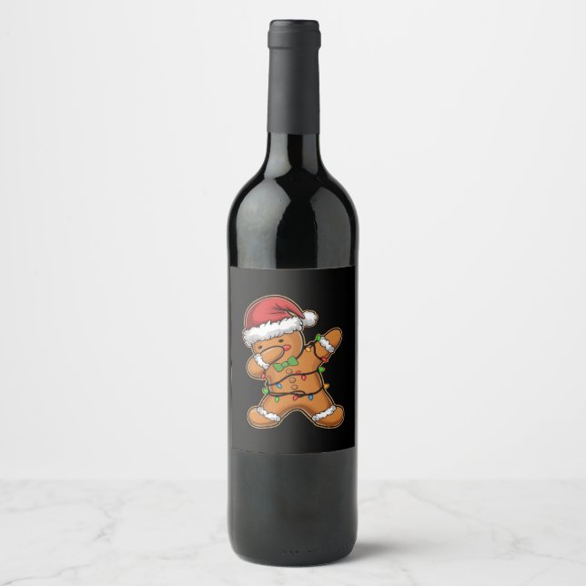 Dabbing Gingerbread Tree Light Christmas Wine Label (Front)