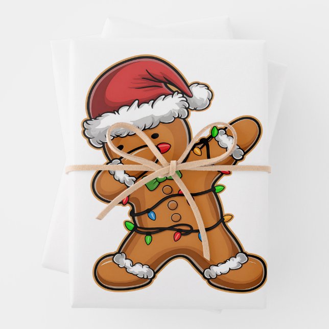 Dabbing Gingerbread Tree Light Christmas Wrapping Paper Sheet (In situ)