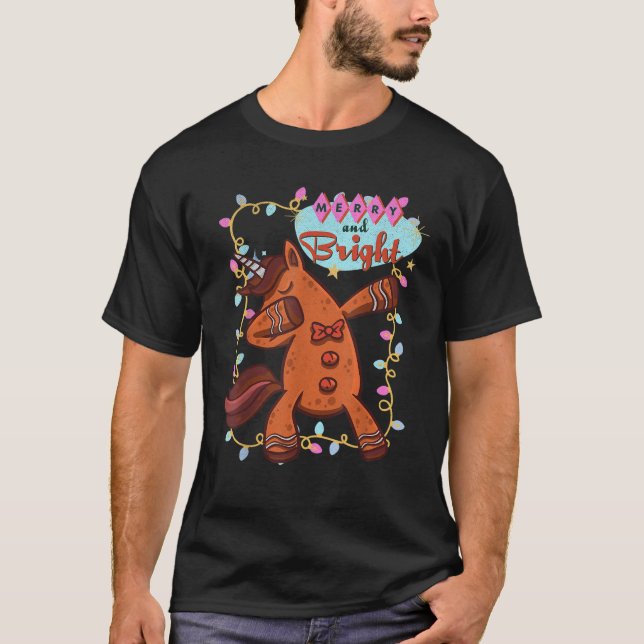 Dabbing Gingerbread Unicorn Santa Merry And Bright T-Shirt (Front)