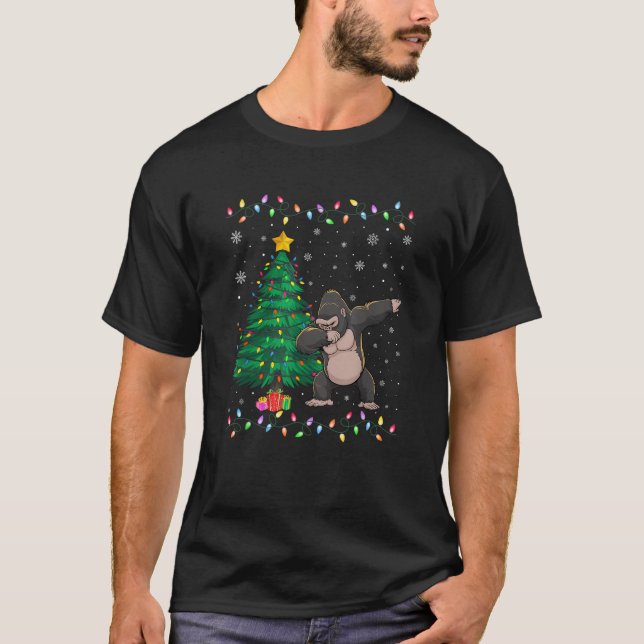 Dabbing Gorilla Xmas Tree Lights Ugly Christmas Sw T-Shirt (Front)