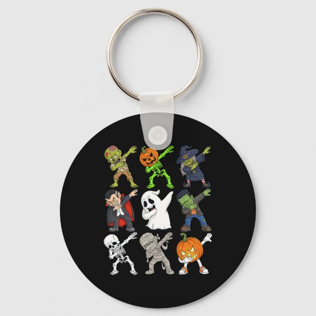 Dabbing Halloween Skeleton Zombie Scary Pumpkin Va Keychain (Front)