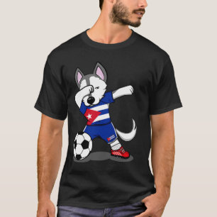 Dabbing Husky Dog Cuba Football Cuban Flag Footbal T-Shirt