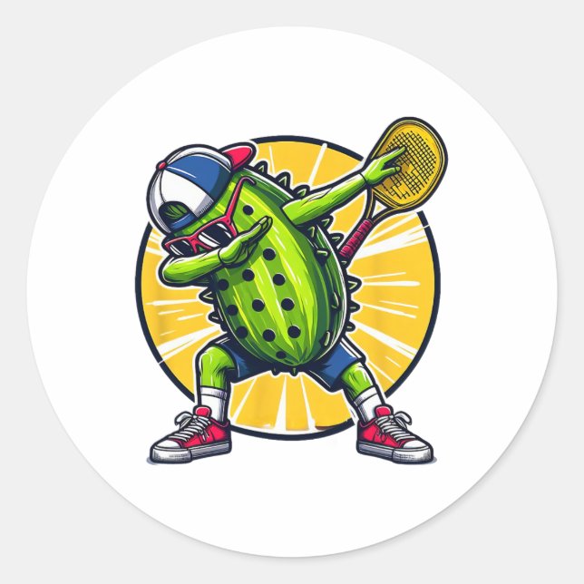 Dabbing Pickle Dancing Cucumber Playing Pickleball Classic Round Sticker (Front)