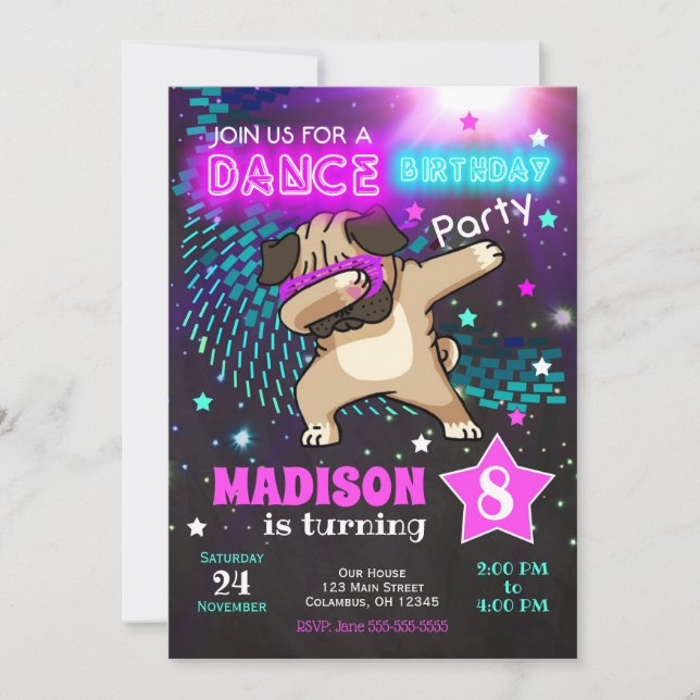 Dabbing Pug Birthday Invitation / Dance Party (Front)