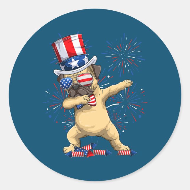 Dabbing Pug Dog Uncle Sam Hat American Flag 4th Classic Round Sticker (Front)