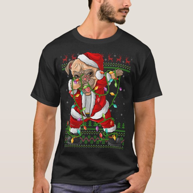 Dabbing Pug Dog Xmas Lights  Ugly Pug Santa Christ T-Shirt (Front)
