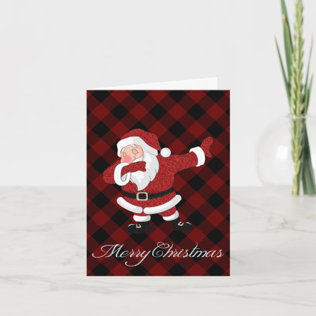 Dabbing Red Plaid Santa Claus | Fun Rustic Buffalo Holiday Card (Front)