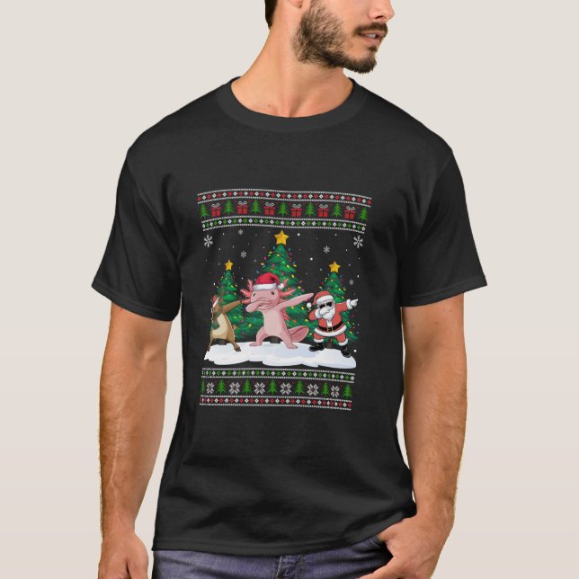 Dabbing Santa Reindeer Axolotl Tree Lights Ugly Xm T-Shirt (Front)