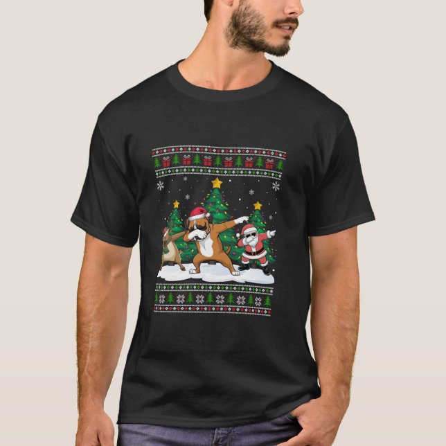 Dabbing Santa Reindeer Boxer Dog Tree Lights Ugly  T-Shirt (Front)