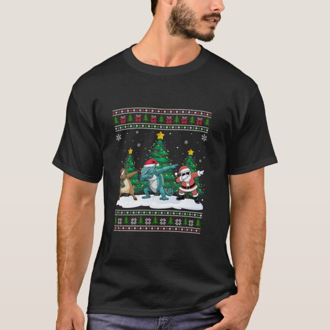 Dabbing Santa Reindeer Chameleon Tree Lights Ugly  T-Shirt (Front)