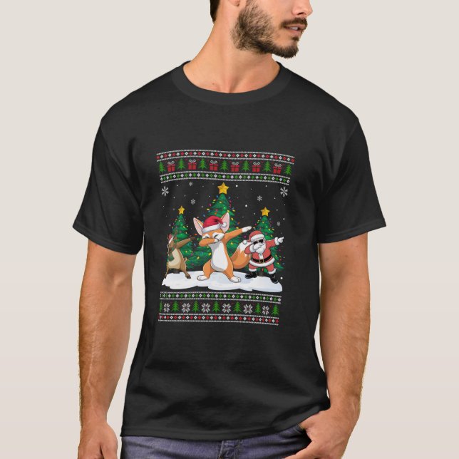 Dabbing Santa Reindeer Fennec Fox Tree Lights Ugly T-Shirt (Front)