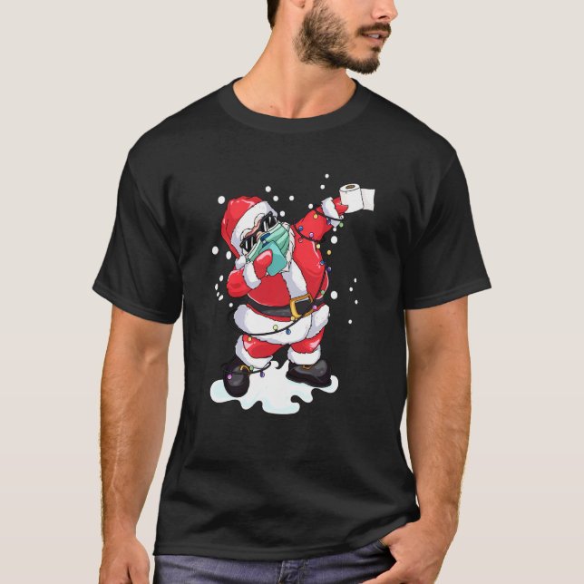 Dabbing Santa Wearing Mask Christmas Tree Lights P T-Shirt (Front)