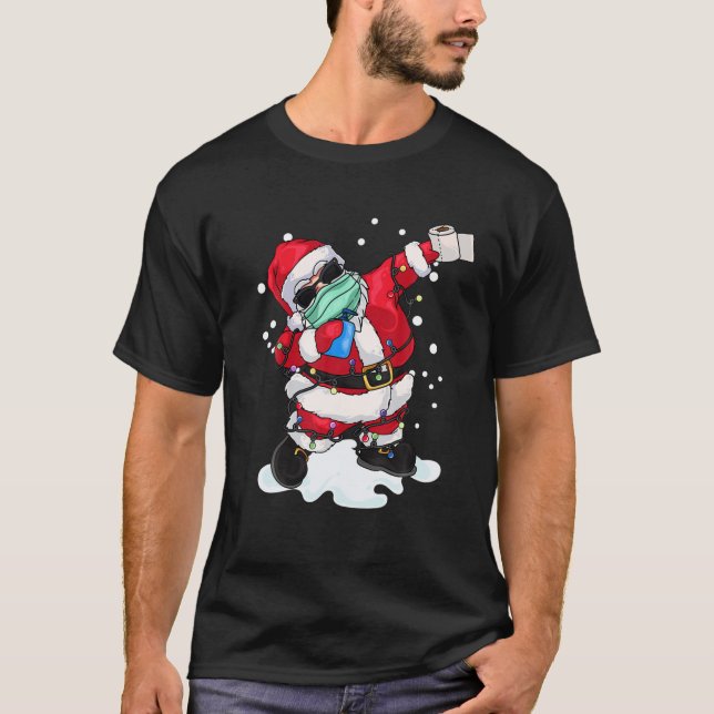 Dabbing Santa Wearing Mask Christmas Tree Lights P T-Shirt (Front)