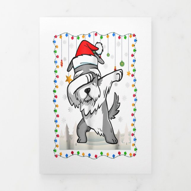 Dabbing Schnauzer Santa Light Christmas Tri-Fold Announcement (Cover)