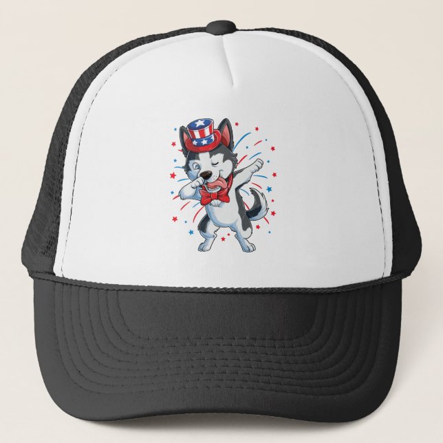 Dabbing Siberian Husky 4th of July Shirt Trucker Hat (Front)