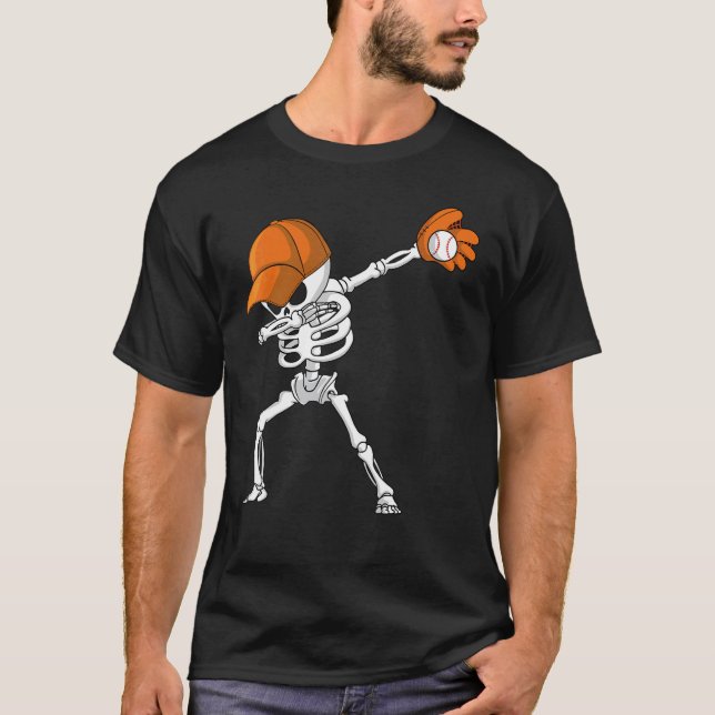 Dabbing Skeleton Baseball Halloween Player Catcher T-Shirt (Front)