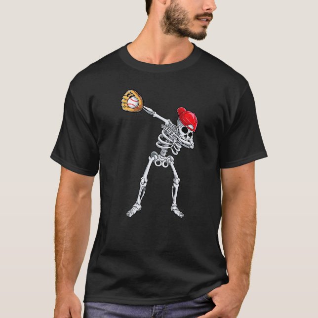 Dabbing Skeleton Baseball Halloween Player Catcher T-Shirt (Front)