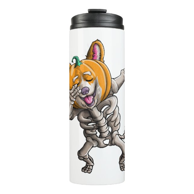 Dabbing Skeleton Corgi Cute Halloween Corgi Funny Thermal Tumbler (Front)