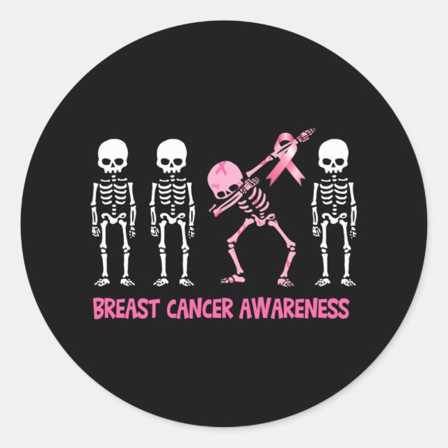 Dabbing Skeleton Pink Ribbon Breast Cancer Hallowe Classic Round Sticker (Front)