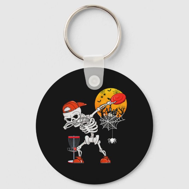 Dabbing Skeleton Playing Disc Golf Halloween Playe Keychain (Front)
