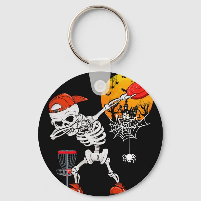 Dabbing Skeleton Playing Disc Golf Halloween Playe Keychain (Front)