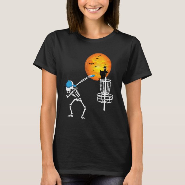 Dabbing Skeleton Playing Disc Golf Player  Hallowe T-Shirt (Front)