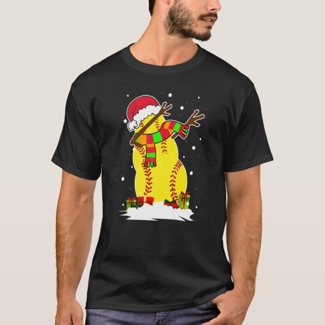 Dabbing Snowman Softball Ball Santa Christmas Paja T-Shirt (Front)