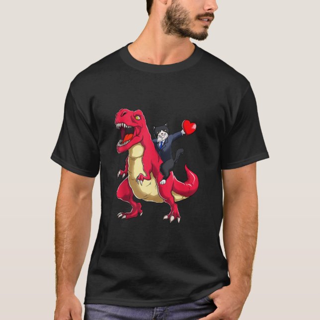 Dabbing Tuxedo Cat Riding Dinosaur Valentines Day  T-Shirt (Front)