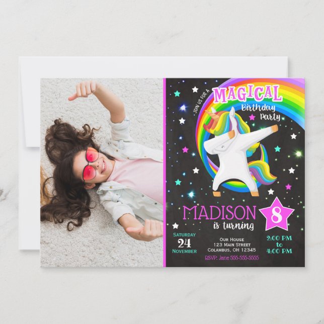 Dabbing Unicorn Birthday Invitation with Photo (Front)