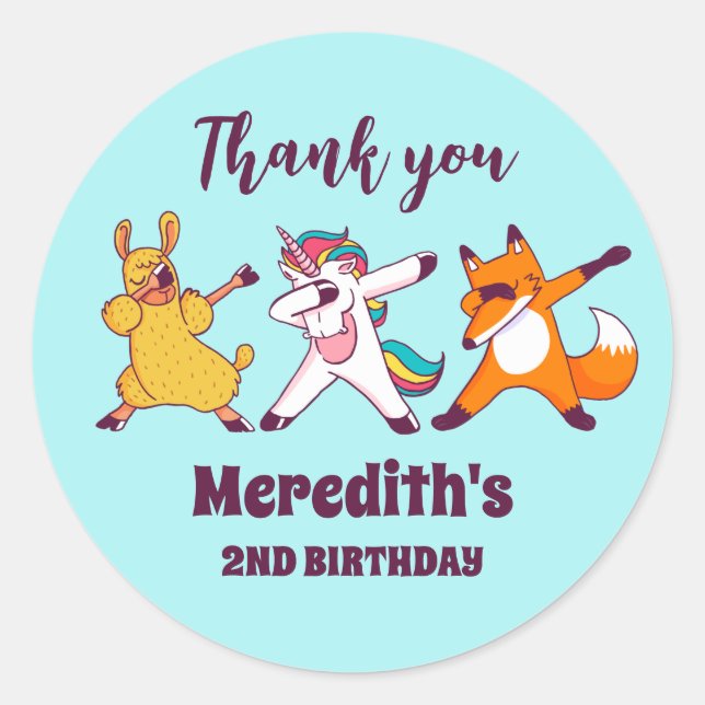 Dabbing Unicorn Fox Llama Kids Birthday Party Classic Round Sticker (Front)