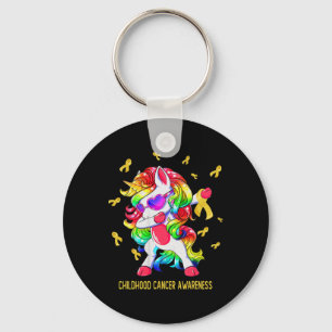 Dabbing unicorn gold ribbon childhood cancer aware keychain