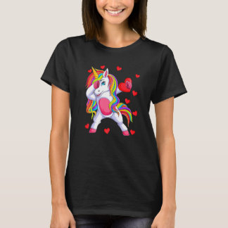 Dabbing Unicorn Heart Love Cute Womens Girls Valen T-Shirt