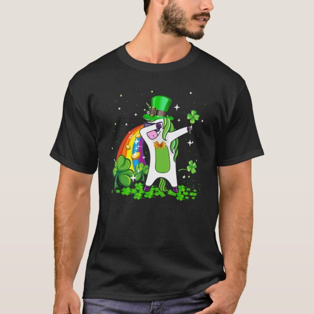 Dabbing Unicorn Rainbow Happy St Patricks Day Iris T-Shirt (Front)