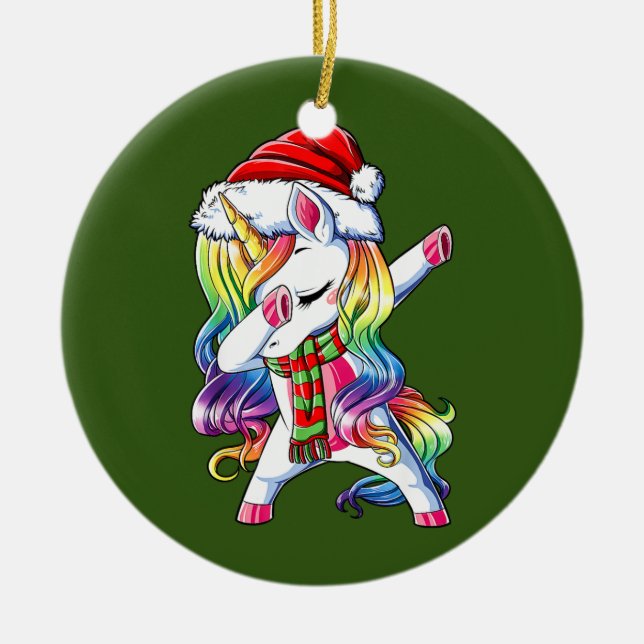 Dabbing Unicorn Santa Christmas Kids Girls Women Ceramic Ornament (Front)