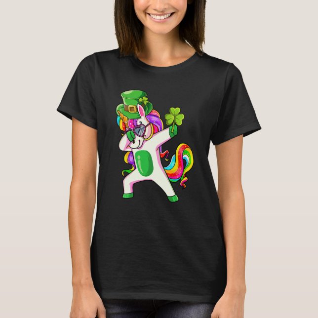 Dabbing Unicorn Shamrock Happy St Patricks Day Ire T-Shirt (Front)