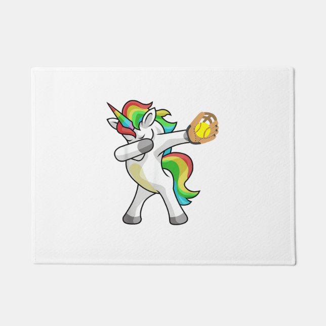 Dabbing Unicorn Softball Player Funny Dab Dance Ra Doormat (Front)
