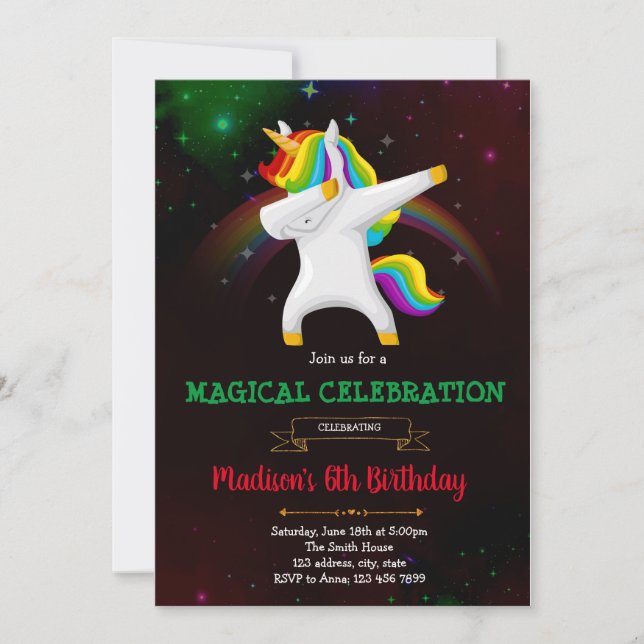Dabbing unicorne party invitation (Devant)