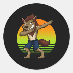 Dabbing Werewolf Retro Sunset Halloween Boys Kids  Classic Round Sticker