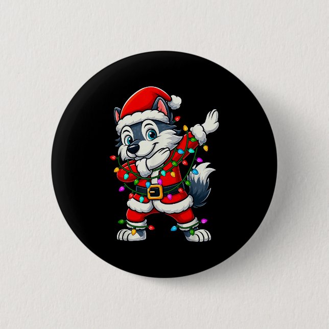 Dabbing Wolf Lights Santa Xmas Girls Boys Kids Chr 2 Inch Round Button (Front)